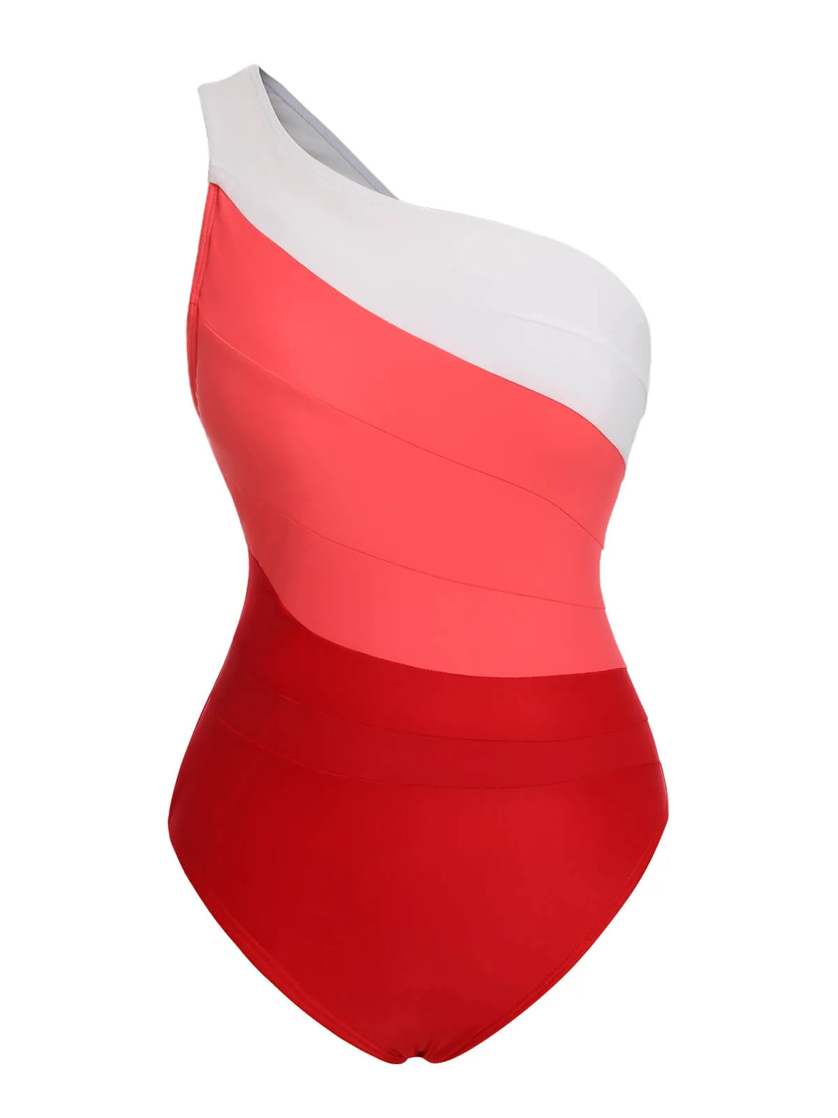 1940s Color Block One Shoulder One-Piece Swimsuit