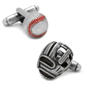 3D Baseball and Glove Antique Silver Cufflinks