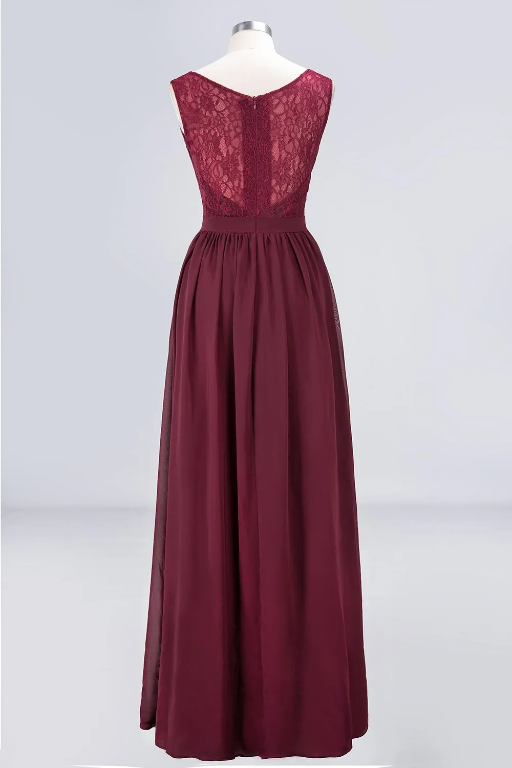 A-Line Chiffon Lace V-Neck Sleeveless Long Bridesmaid Dress with Ruffles