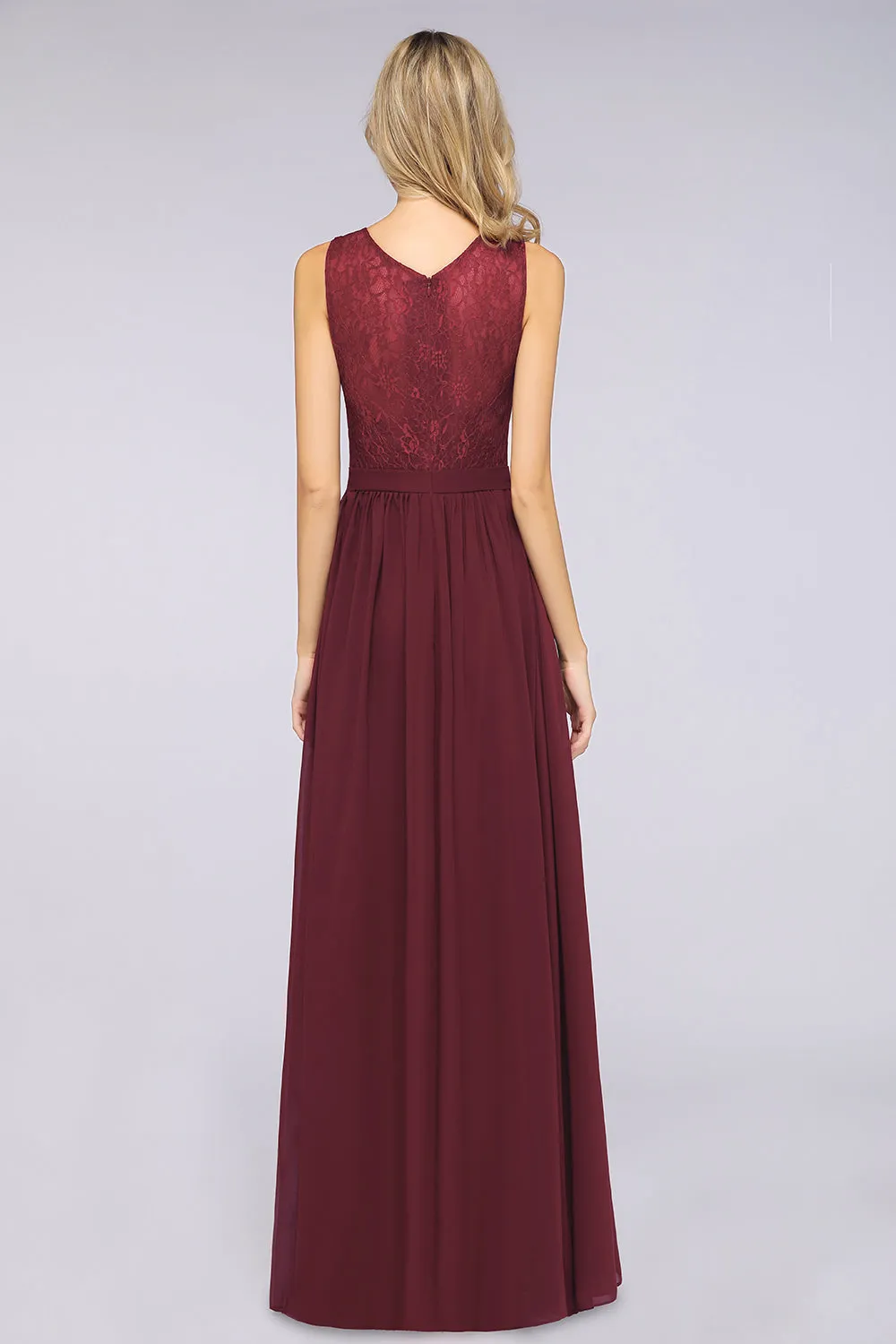 A-Line Chiffon Lace V-Neck Sleeveless Long Bridesmaid Dress with Ruffles