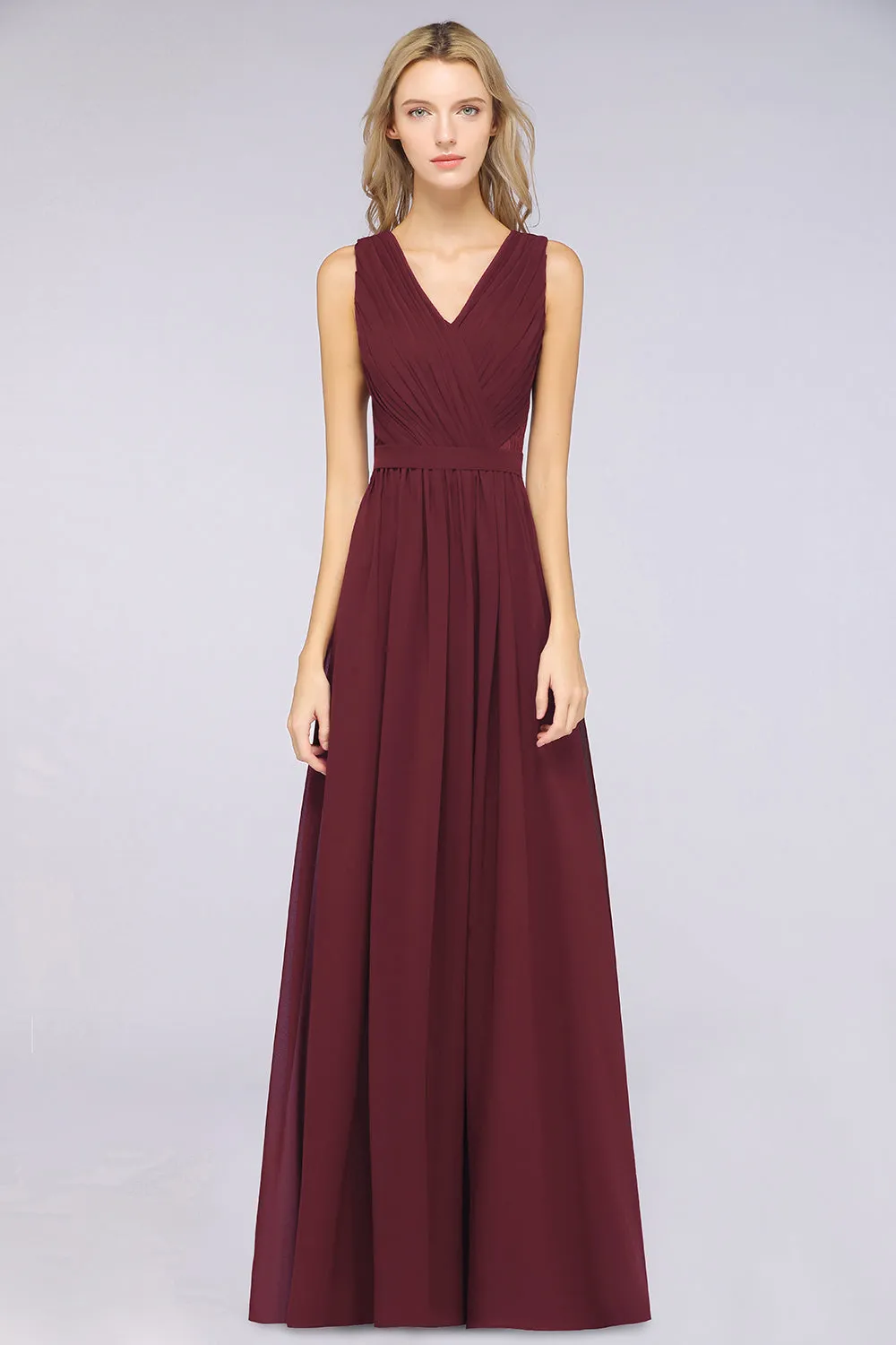 A-Line Chiffon Lace V-Neck Sleeveless Long Bridesmaid Dress with Ruffles