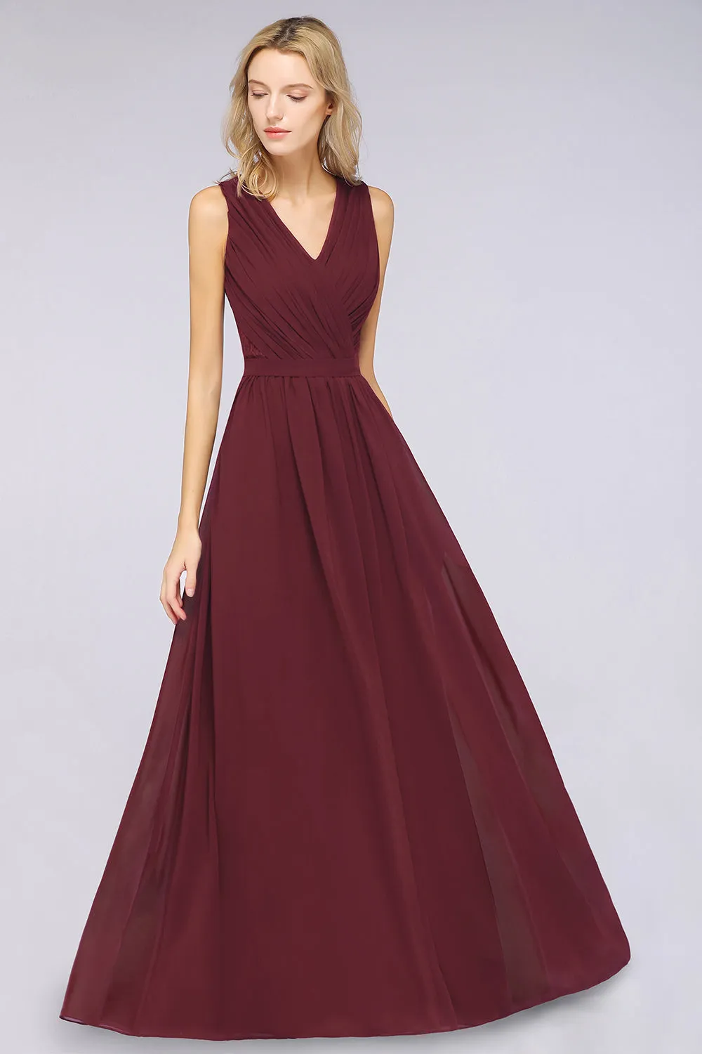 A-Line Chiffon Lace V-Neck Sleeveless Long Bridesmaid Dress with Ruffles