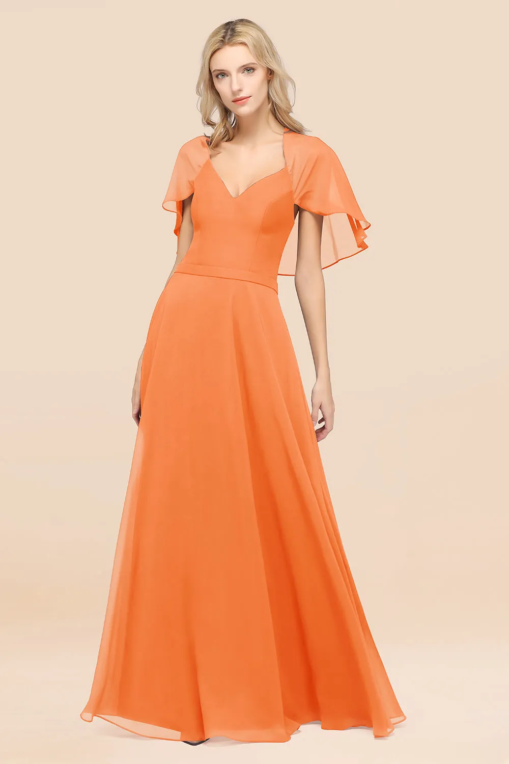 A-Line Chiffon Satin V-Neck Long Bridesmaid Dress with Sleeves