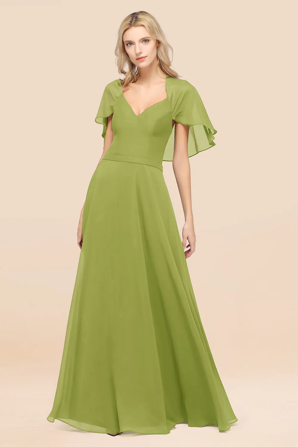 A-Line Chiffon Satin V-Neck Long Bridesmaid Dress with Sleeves