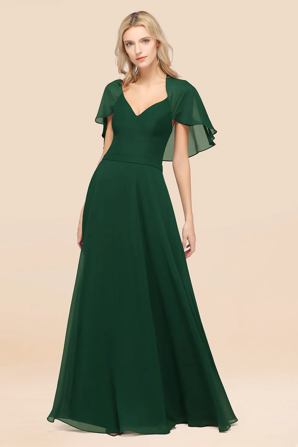 A-Line Chiffon Satin V-Neck Long Bridesmaid Dress with Sleeves