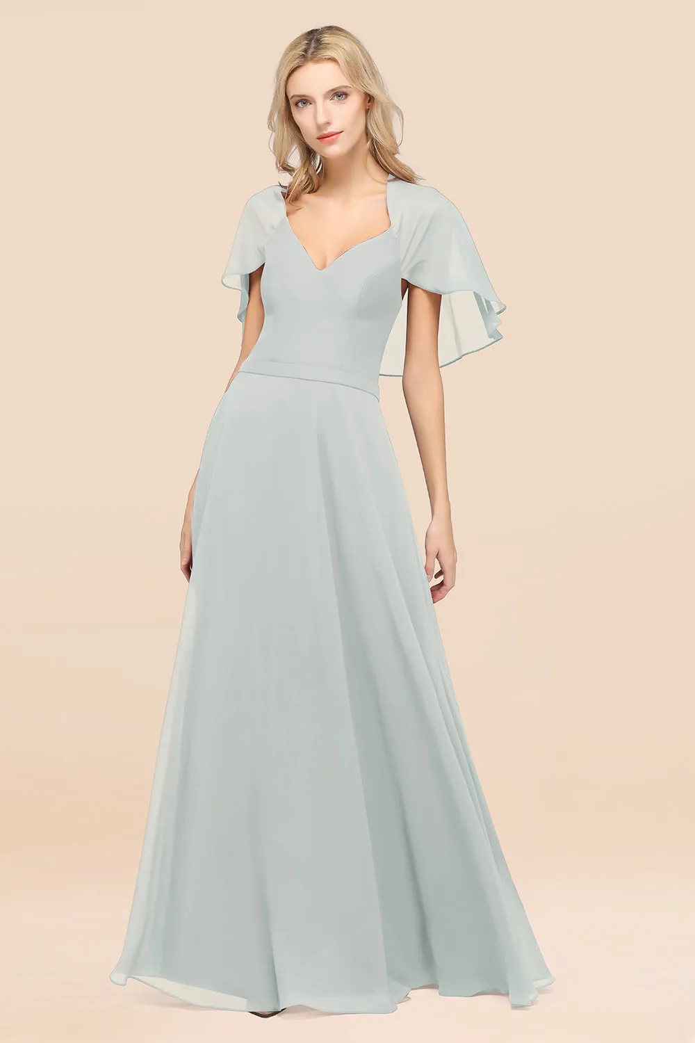 A-Line Chiffon Satin V-Neck Long Bridesmaid Dress with Sleeves