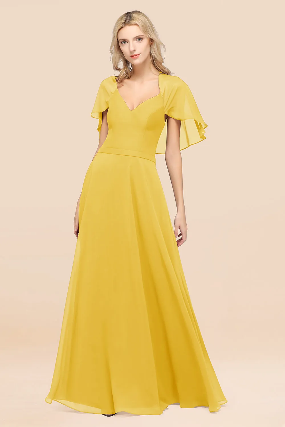 A-Line Chiffon Satin V-Neck Long Bridesmaid Dress with Sleeves