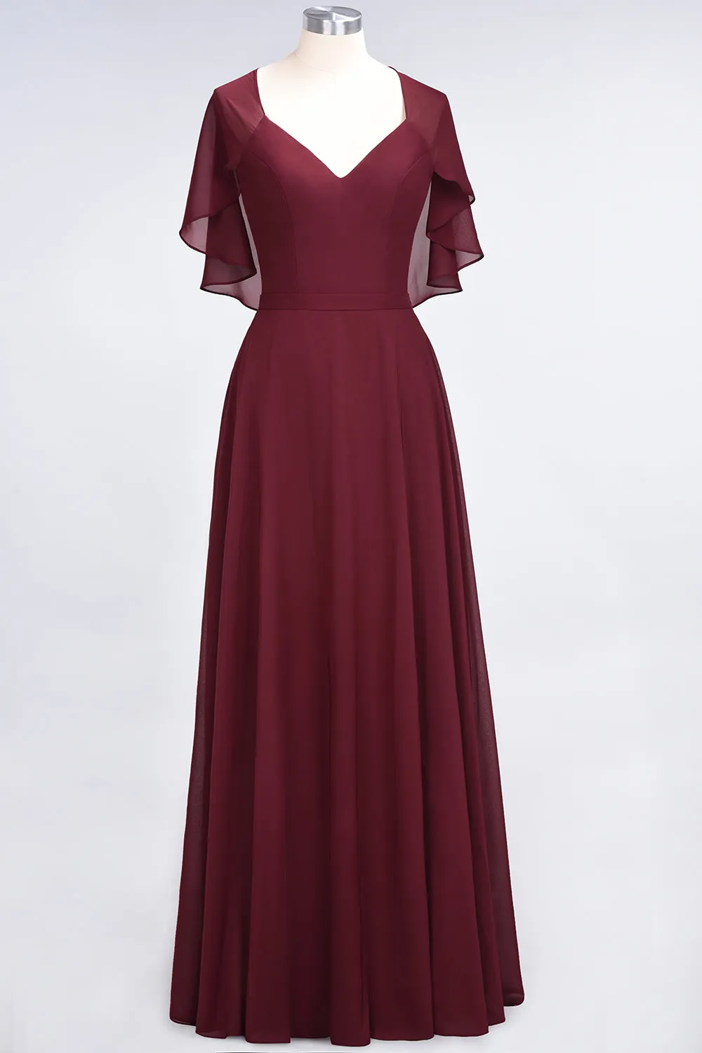 A-Line Chiffon Satin V-Neck Long Bridesmaid Dress with Sleeves