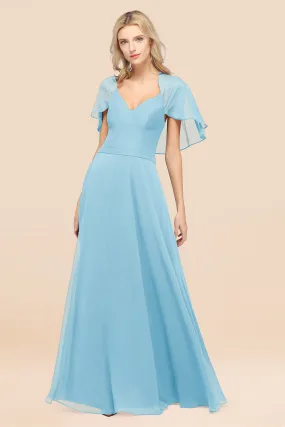 A-Line Chiffon Satin V-Neck Long Bridesmaid Dress with Sleeves