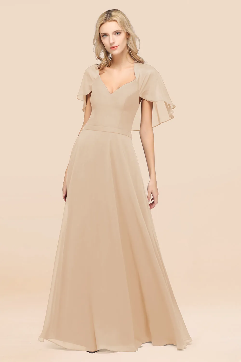 A-Line Chiffon Satin V-Neck Long Bridesmaid Dress with Sleeves