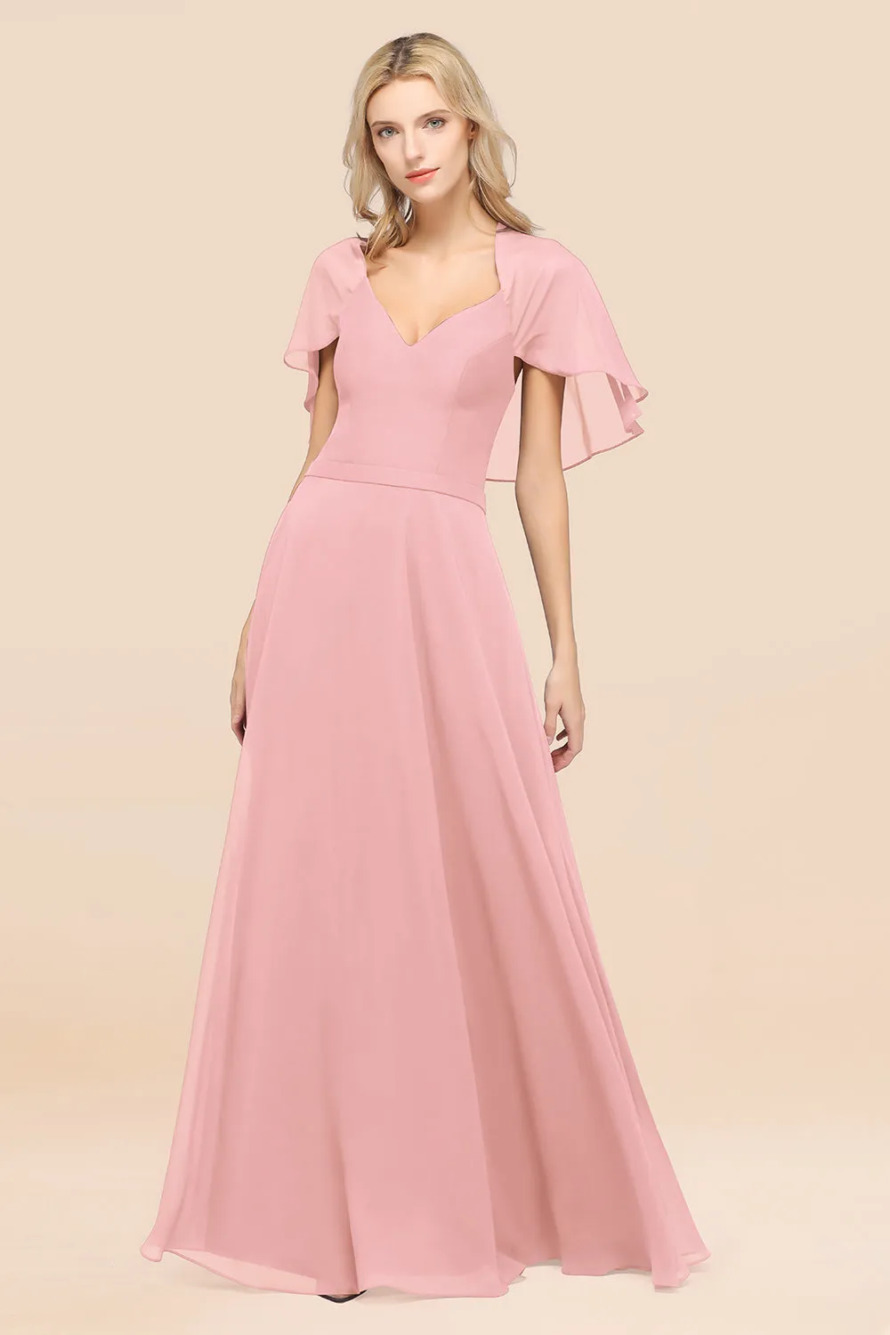 A-Line Chiffon Satin V-Neck Long Bridesmaid Dress with Sleeves