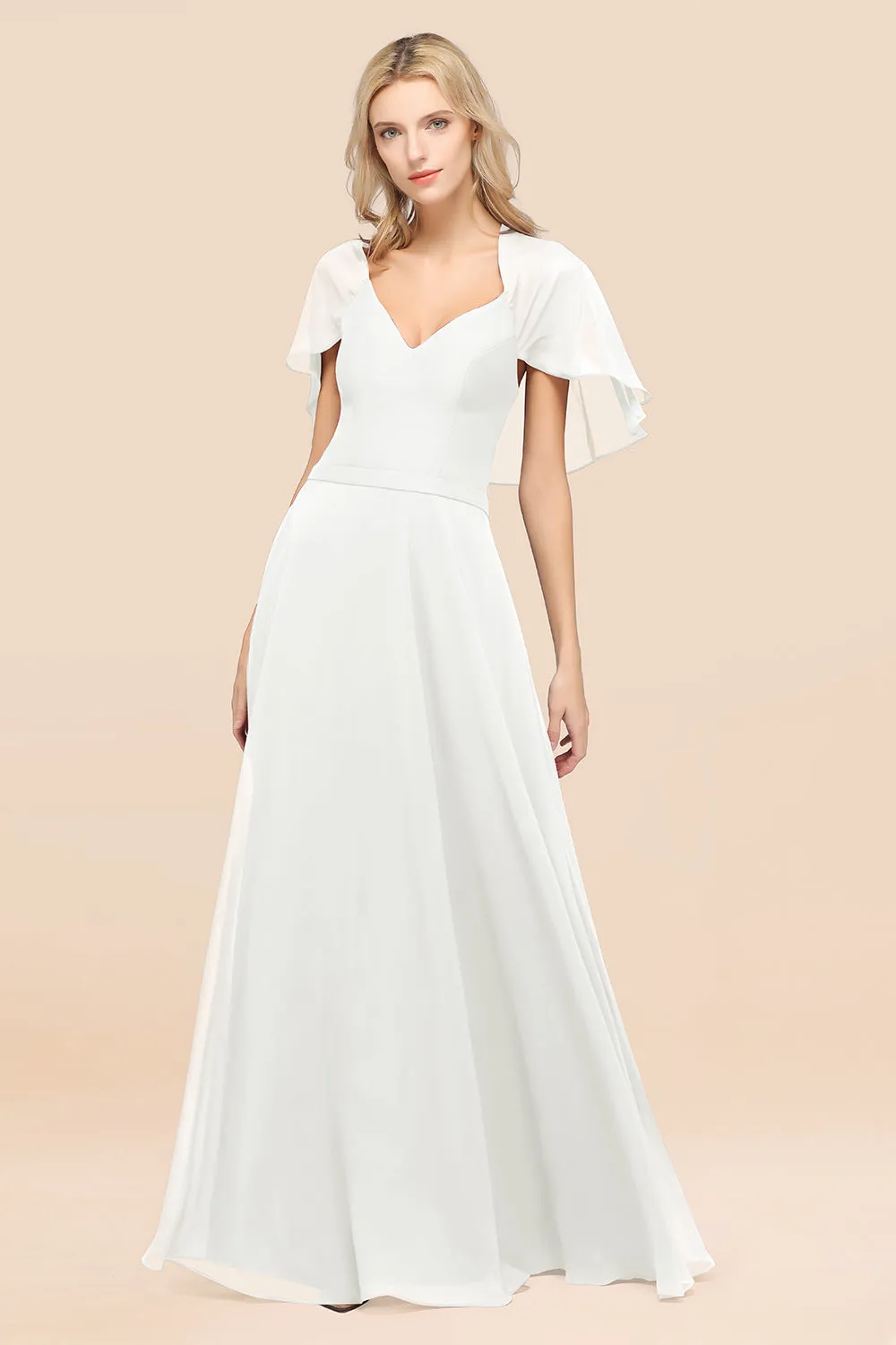 A-Line Chiffon Satin V-Neck Long Bridesmaid Dress with Sleeves