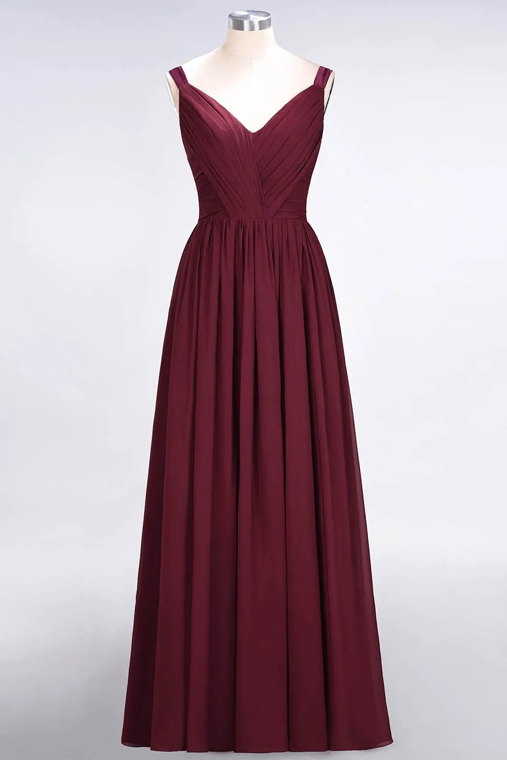 A-Line Chiffon Straps V-Neck Backless Long Bridesmaid Dress with Ruffles