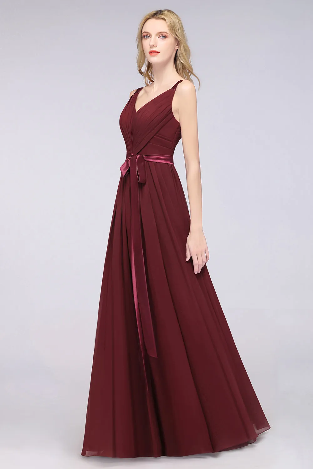 A-Line Chiffon Straps V-Neck Backless Long Bridesmaid Dress with Ruffles