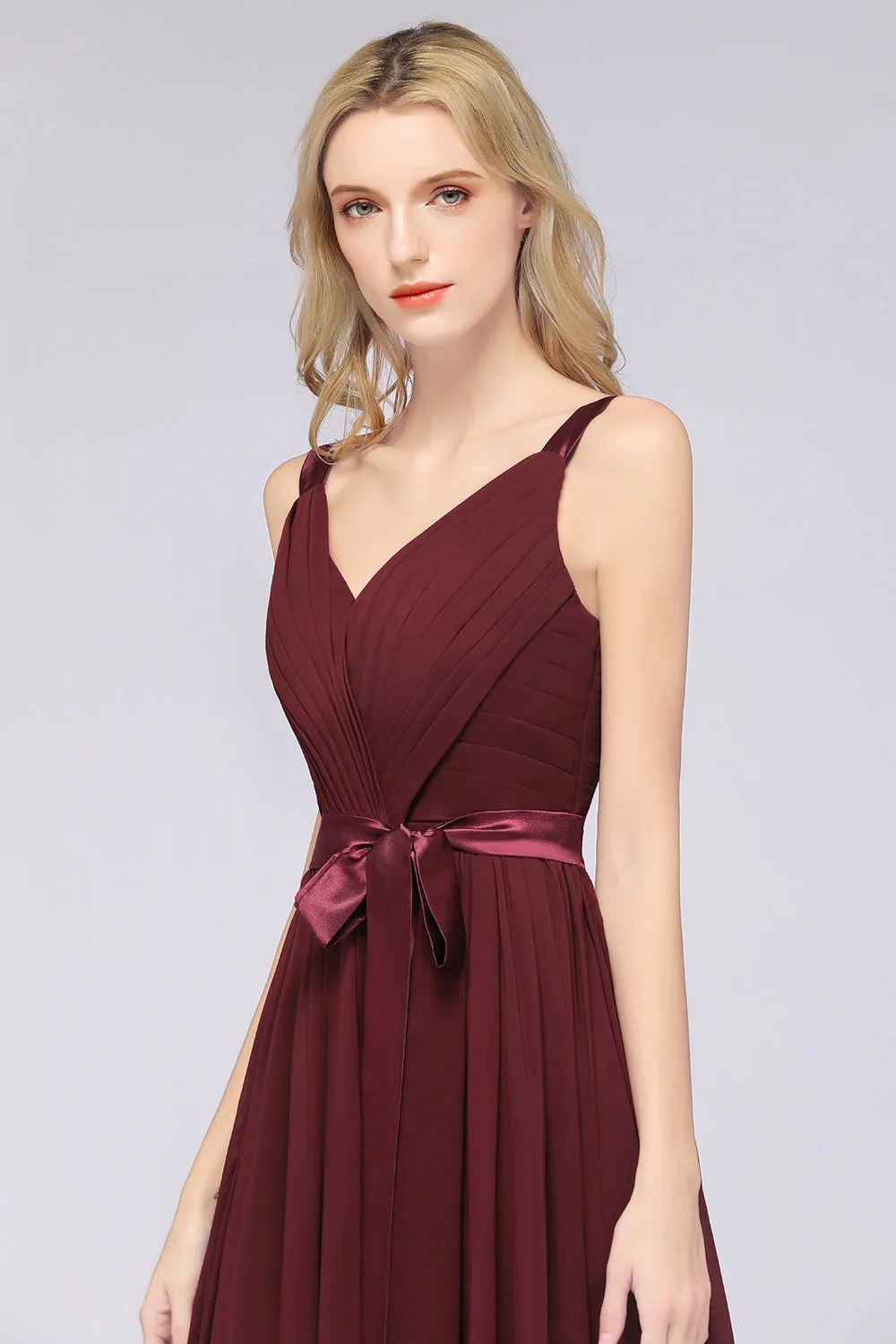 A-Line Chiffon Straps V-Neck Backless Long Bridesmaid Dress with Ruffles