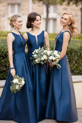 A Line Dark Navy Scoop Sleeveless Long Prom Dresses Simple Bridesmaid Dresses