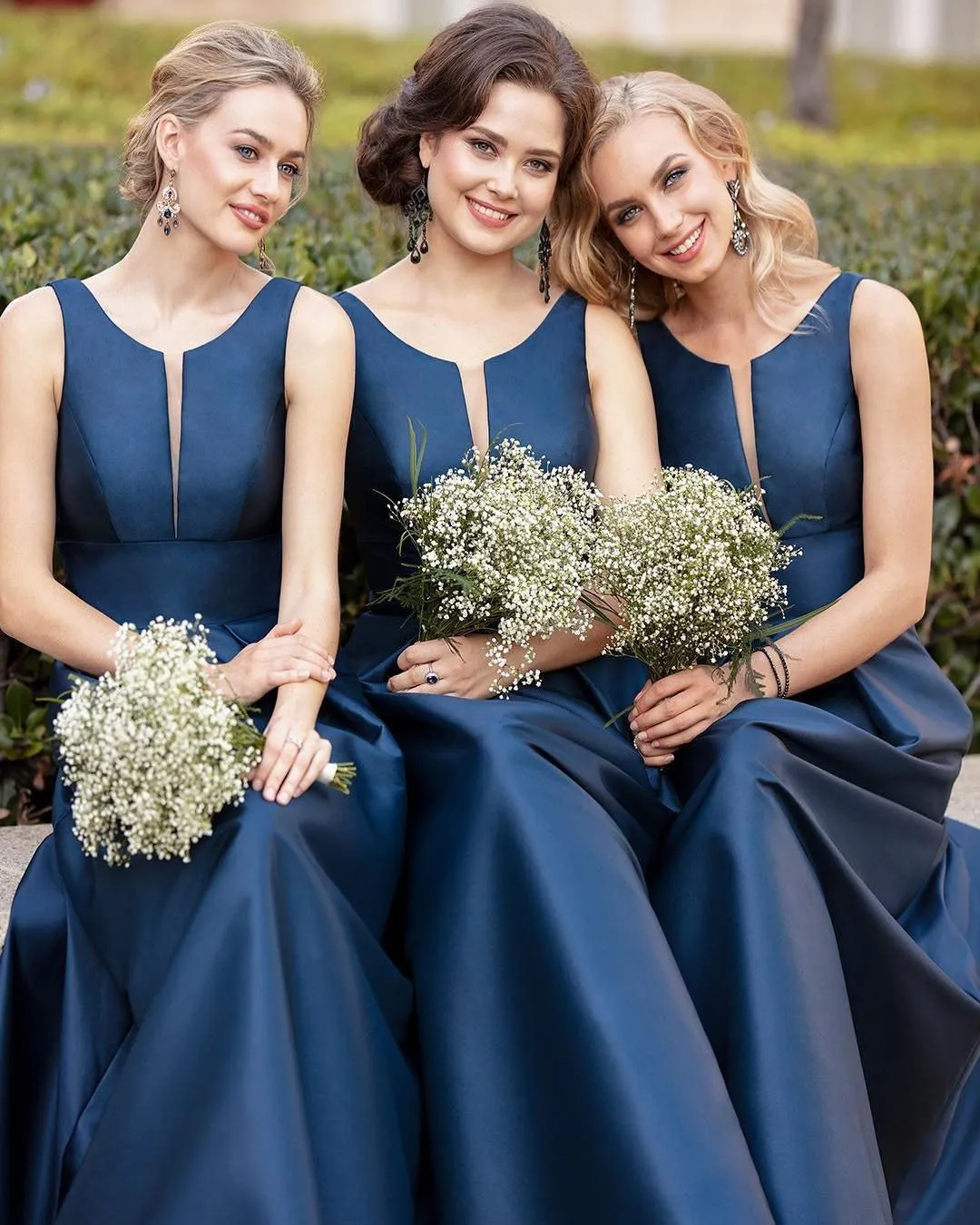 A Line Dark Navy Scoop Sleeveless Long Prom Dresses Simple Bridesmaid Dresses