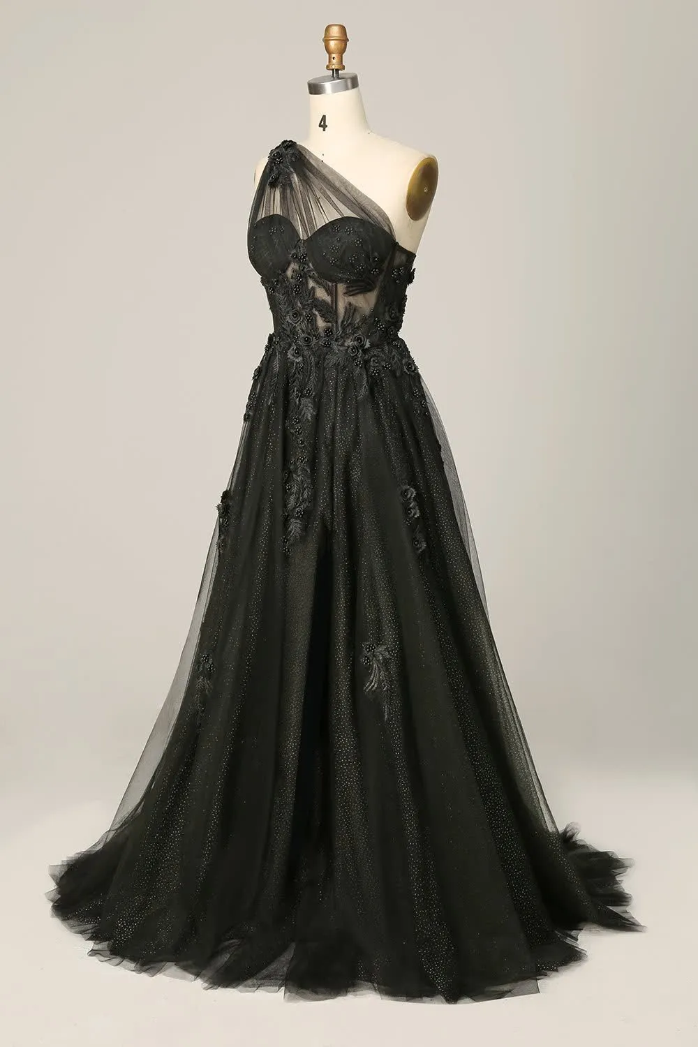 A Line One Shoulder Black Long Prom Dress with Appliques