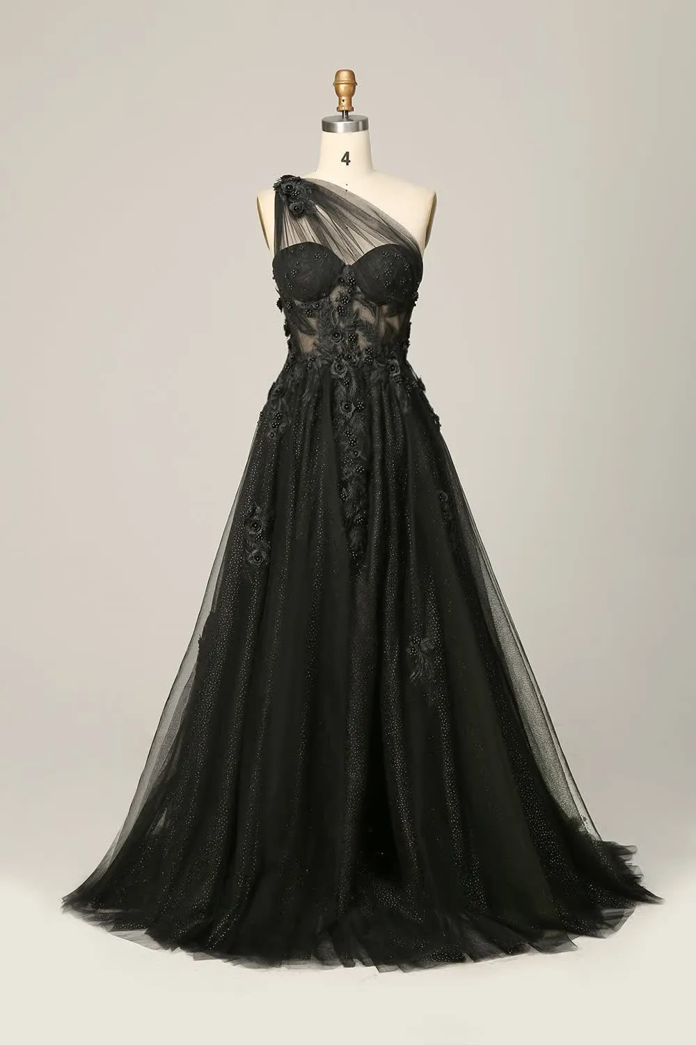 A Line One Shoulder Black Long Prom Dress with Appliques