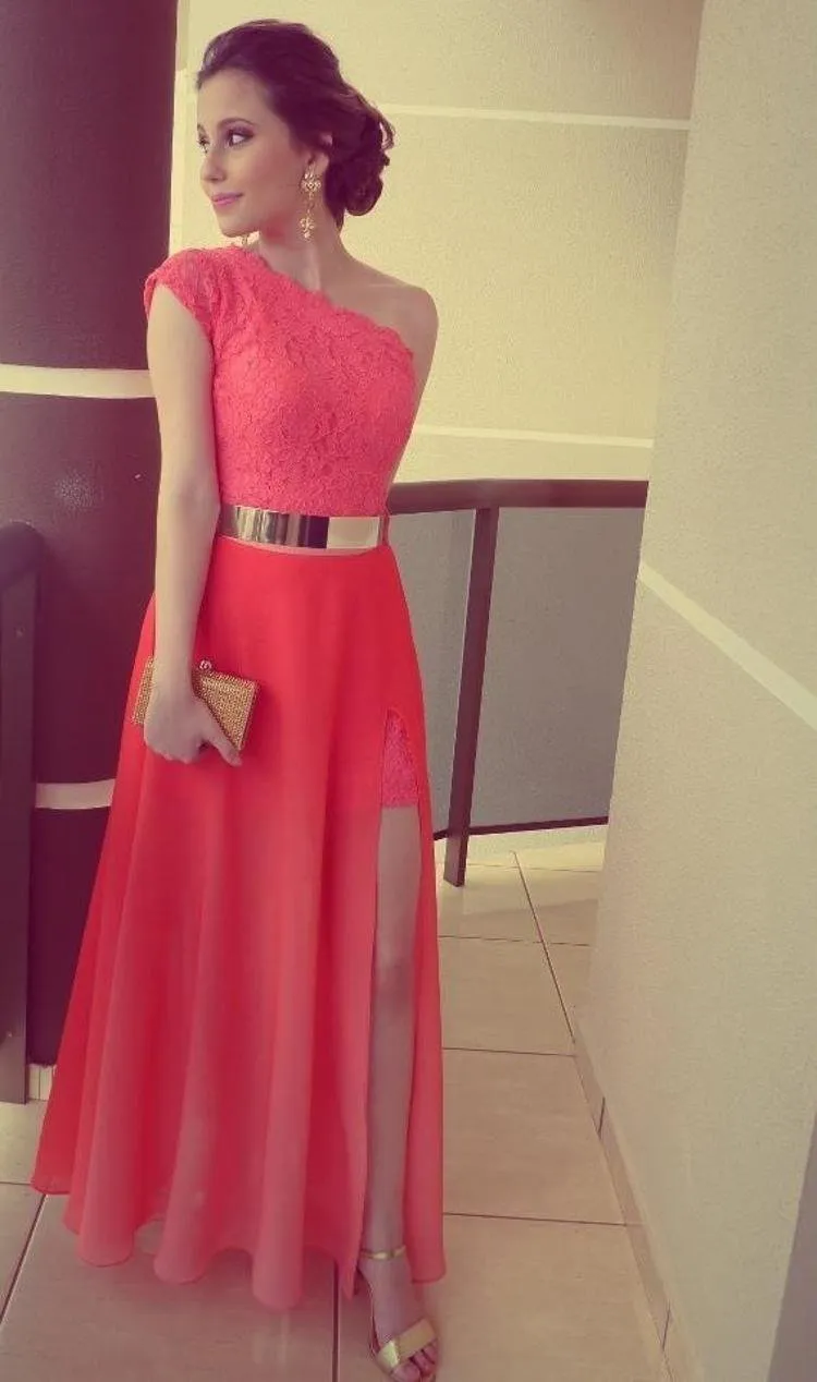 A Line Red One Shoulder Chiffon Lace Long Side Slit Gold Belt Prom Dresses