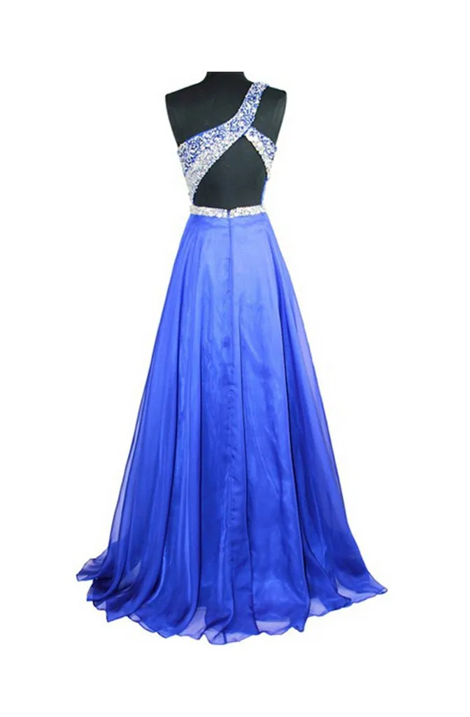 A Line Royal Blue Chiffon One Shoulder Beaded Prom Dresses