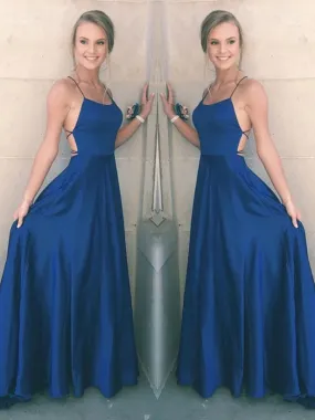 A Line Spaghetti Straps Backless Satin Royal Blue Prom Dresses, Royal Blue Formal Dresses, Graduation Dresses