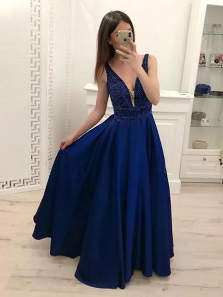 A Line V Neck Navy Blue Satin Long Prom Dresses with Beads, Navy Blue Formal Dresses Graduation Dresses, Evening Dresses