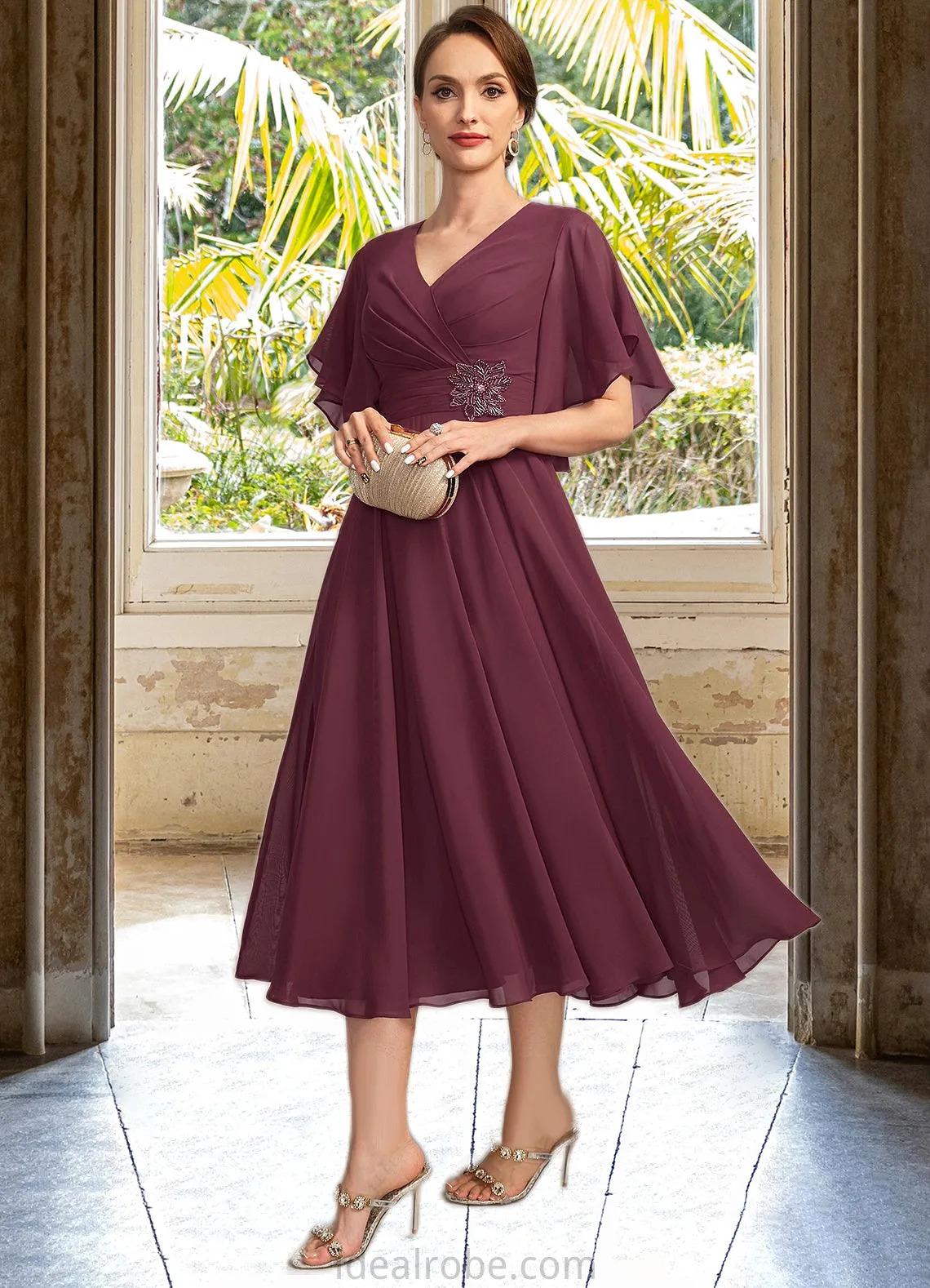 Abigail A-line V-Neck Tea-Length Chiffon Mother of the Bride Dress With Beading Pleated STKP0021774