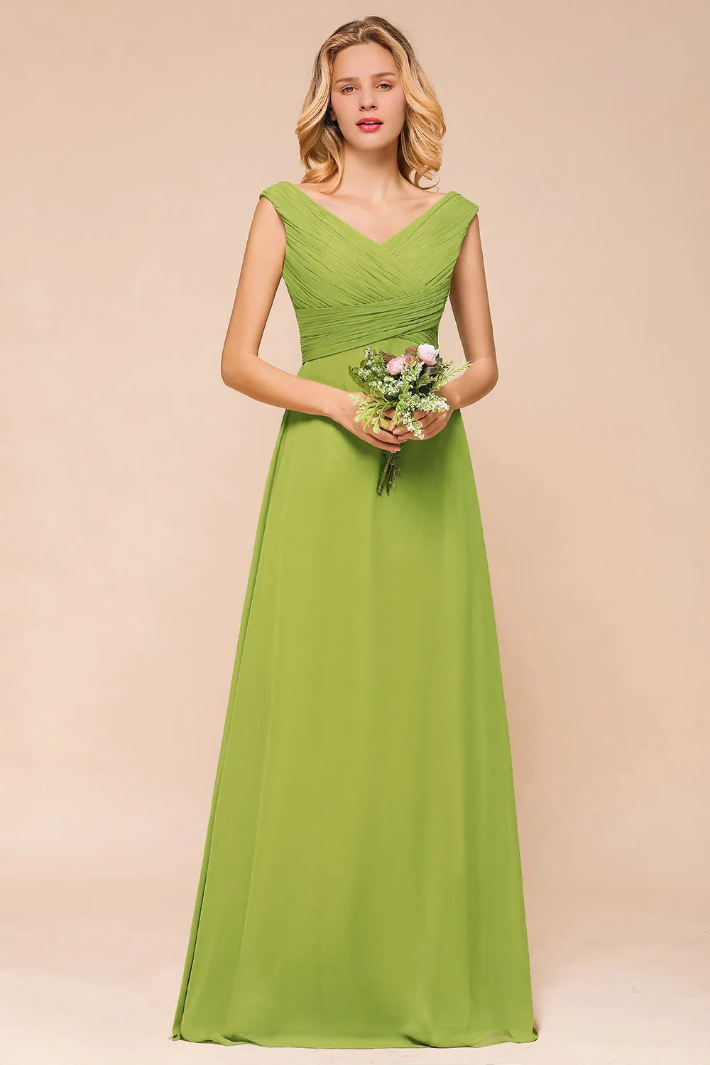 Affordable Green A-line V-neck Chiffon Long Bridesmaid Dress