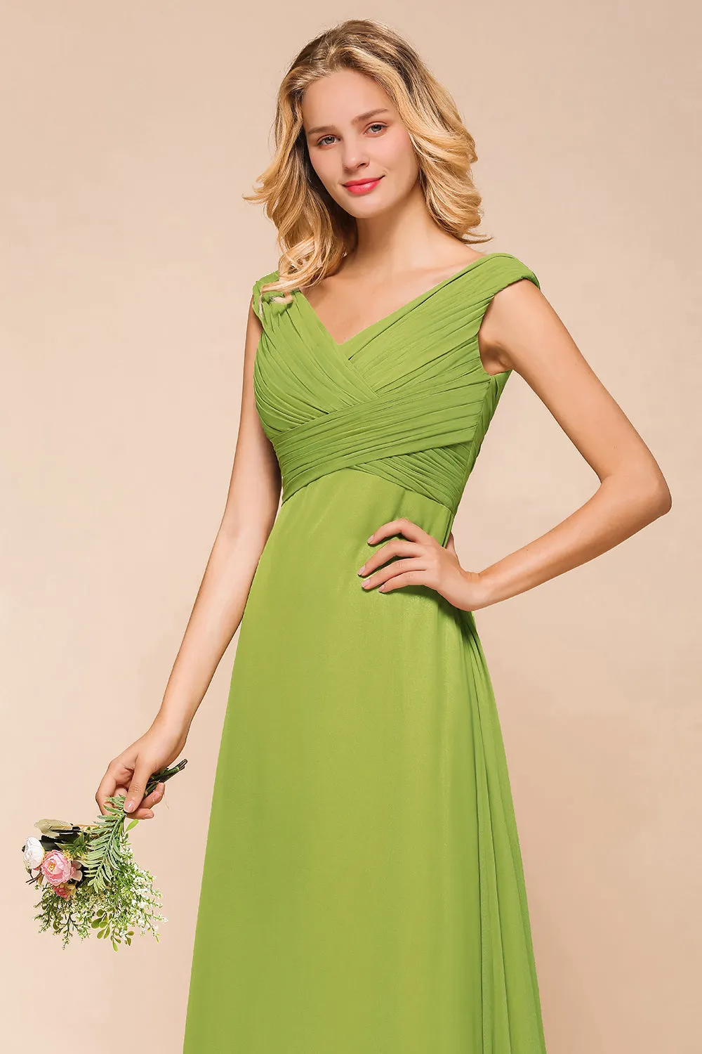 Affordable Green A-line V-neck Chiffon Long Bridesmaid Dress