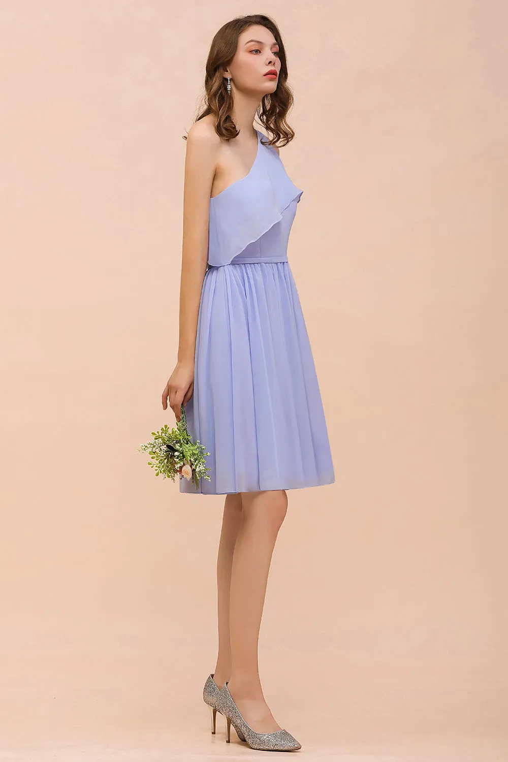 Affordable Short A-line One Shoulder Ruffle Chiffon Lavender Bridesmaid Dress