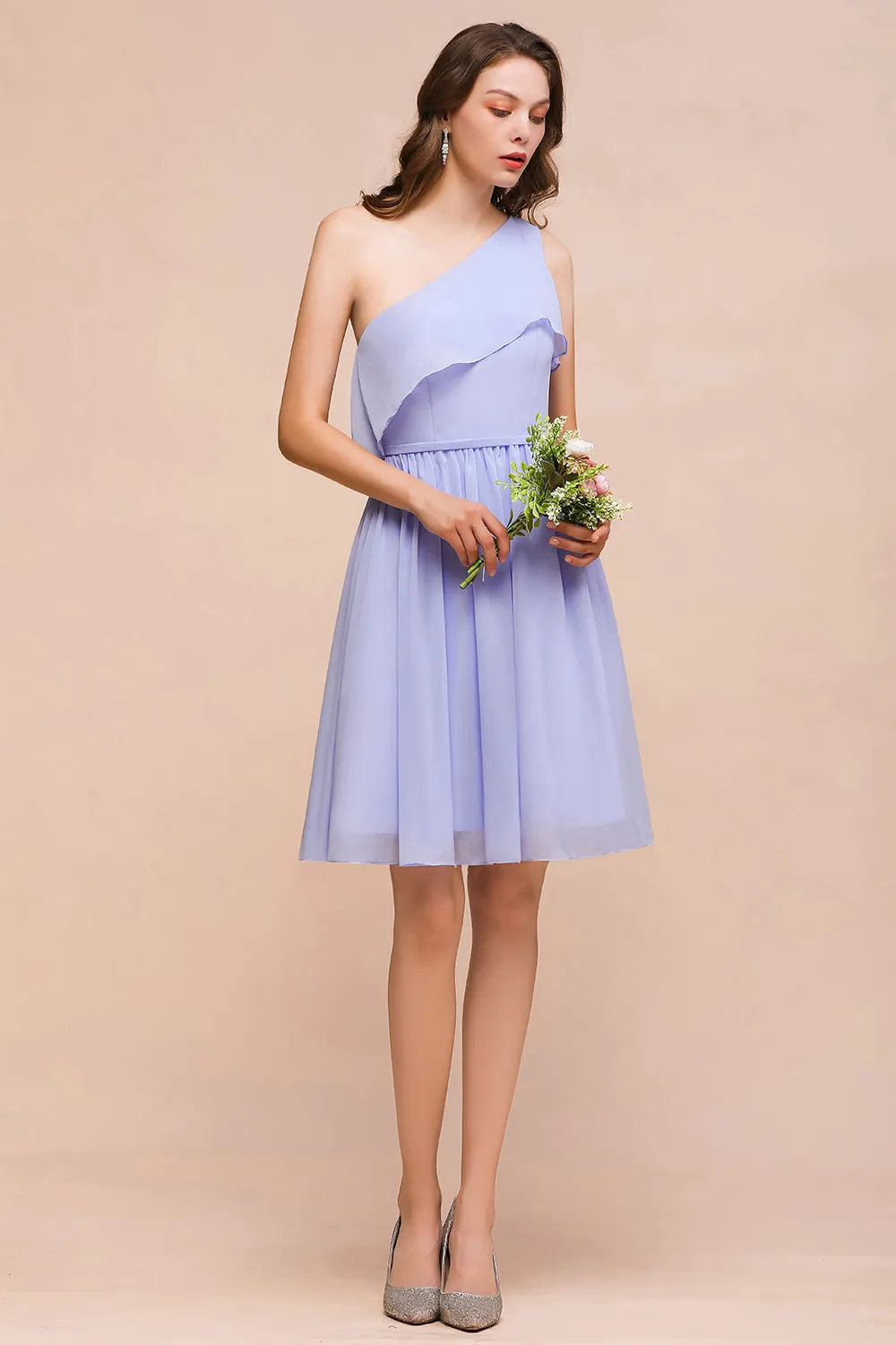 Affordable Short A-line One Shoulder Ruffle Chiffon Lavender Bridesmaid Dress