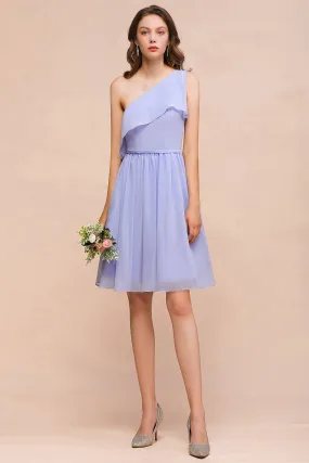 Affordable Short A-line One Shoulder Ruffle Chiffon Lavender Bridesmaid Dress