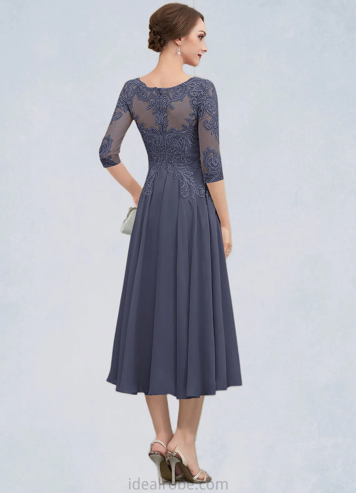 Alisson A-Line Scoop Neck Tea-Length Chiffon Lace Mother of the Bride Dress With Beading Sequins STK126P0014535