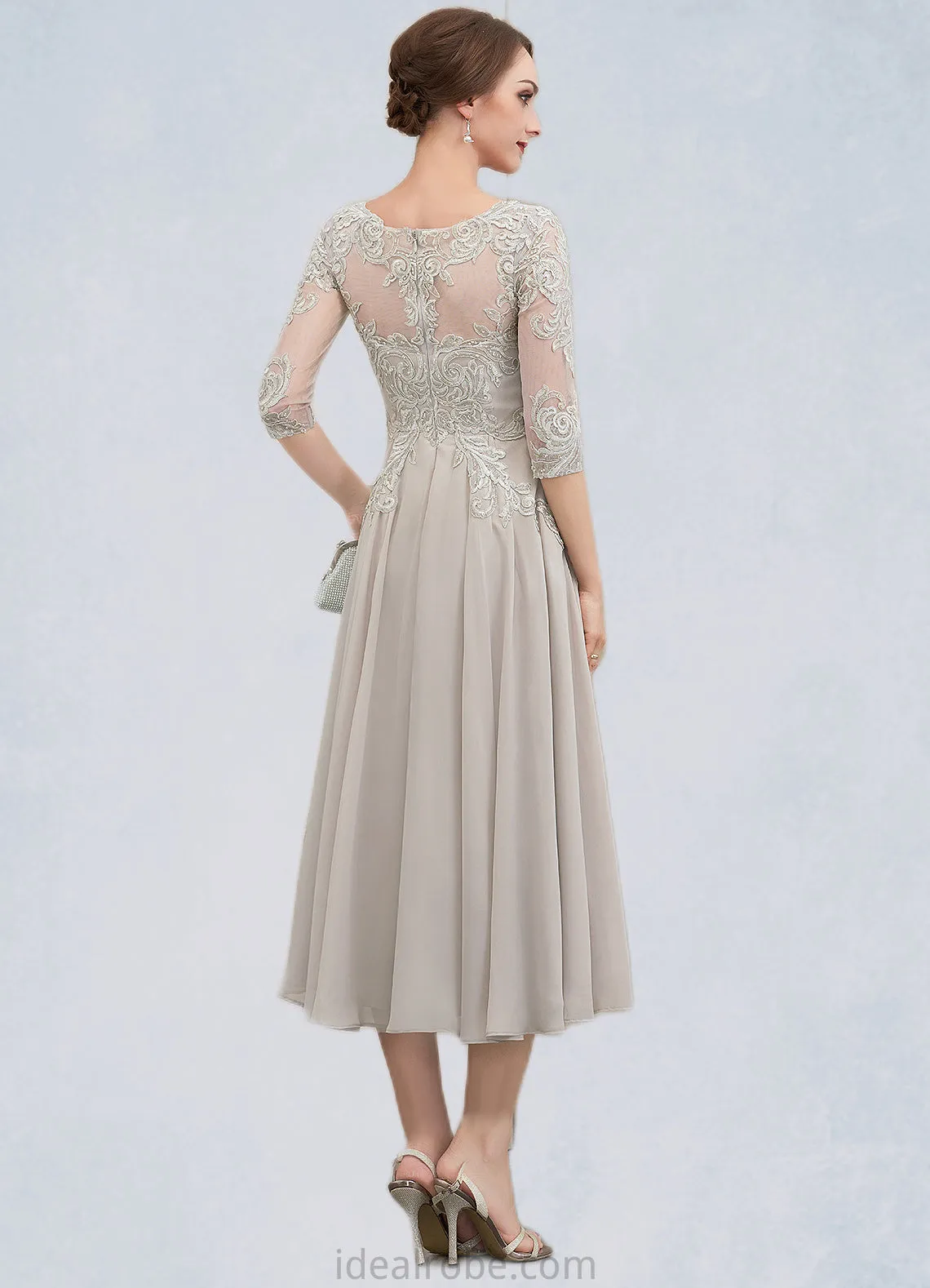 Alisson A-Line Scoop Neck Tea-Length Chiffon Lace Mother of the Bride Dress With Beading Sequins STK126P0014535