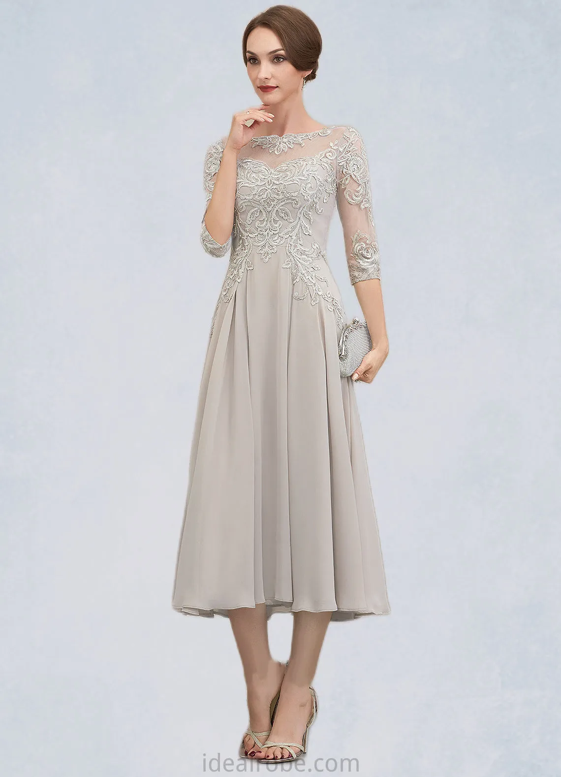 Alisson A-Line Scoop Neck Tea-Length Chiffon Lace Mother of the Bride Dress With Beading Sequins STK126P0014535