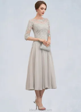 Alisson A-Line Scoop Neck Tea-Length Chiffon Lace Mother of the Bride Dress With Beading Sequins STK126P0014535