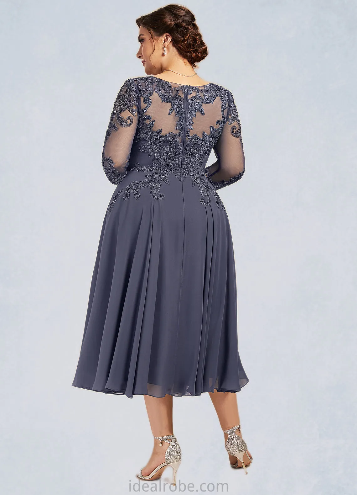 Alisson A-Line Scoop Neck Tea-Length Chiffon Lace Mother of the Bride Dress With Beading Sequins STK126P0014535