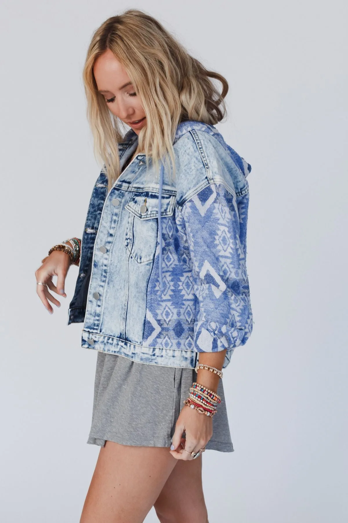 All That Hooded Aztec Denim Jacket - Denim