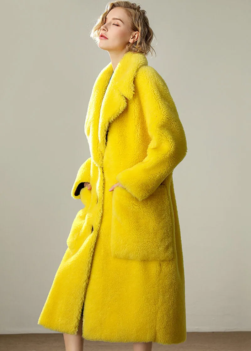 Ann Yellow Wool Fleece Single Breasted Long Coat