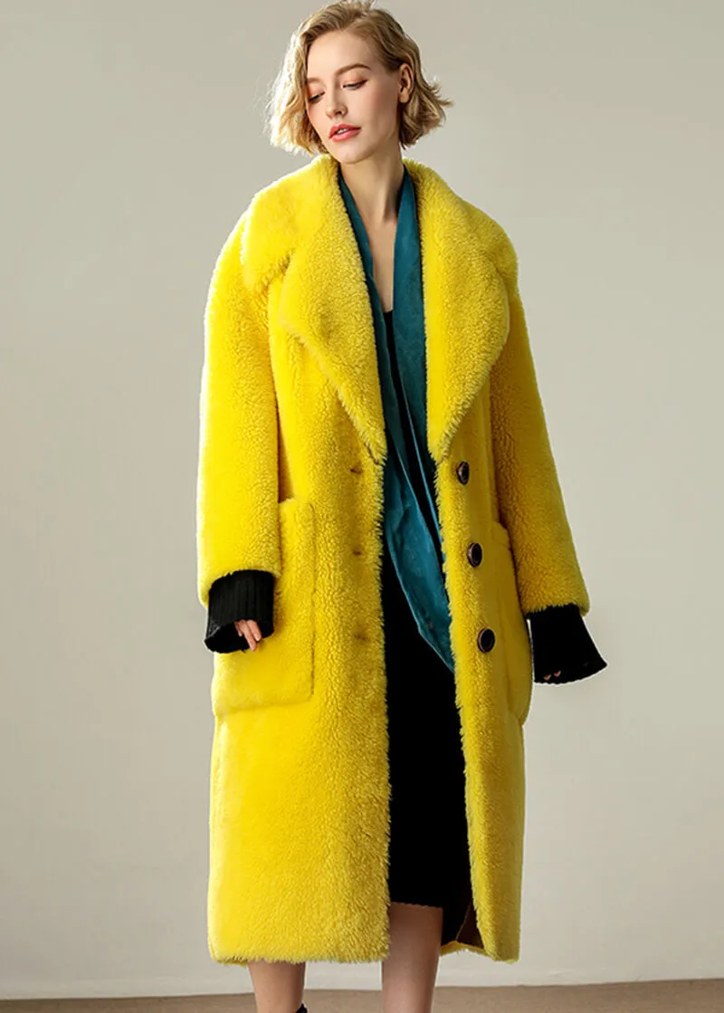 Ann Yellow Wool Fleece Single Breasted Long Coat