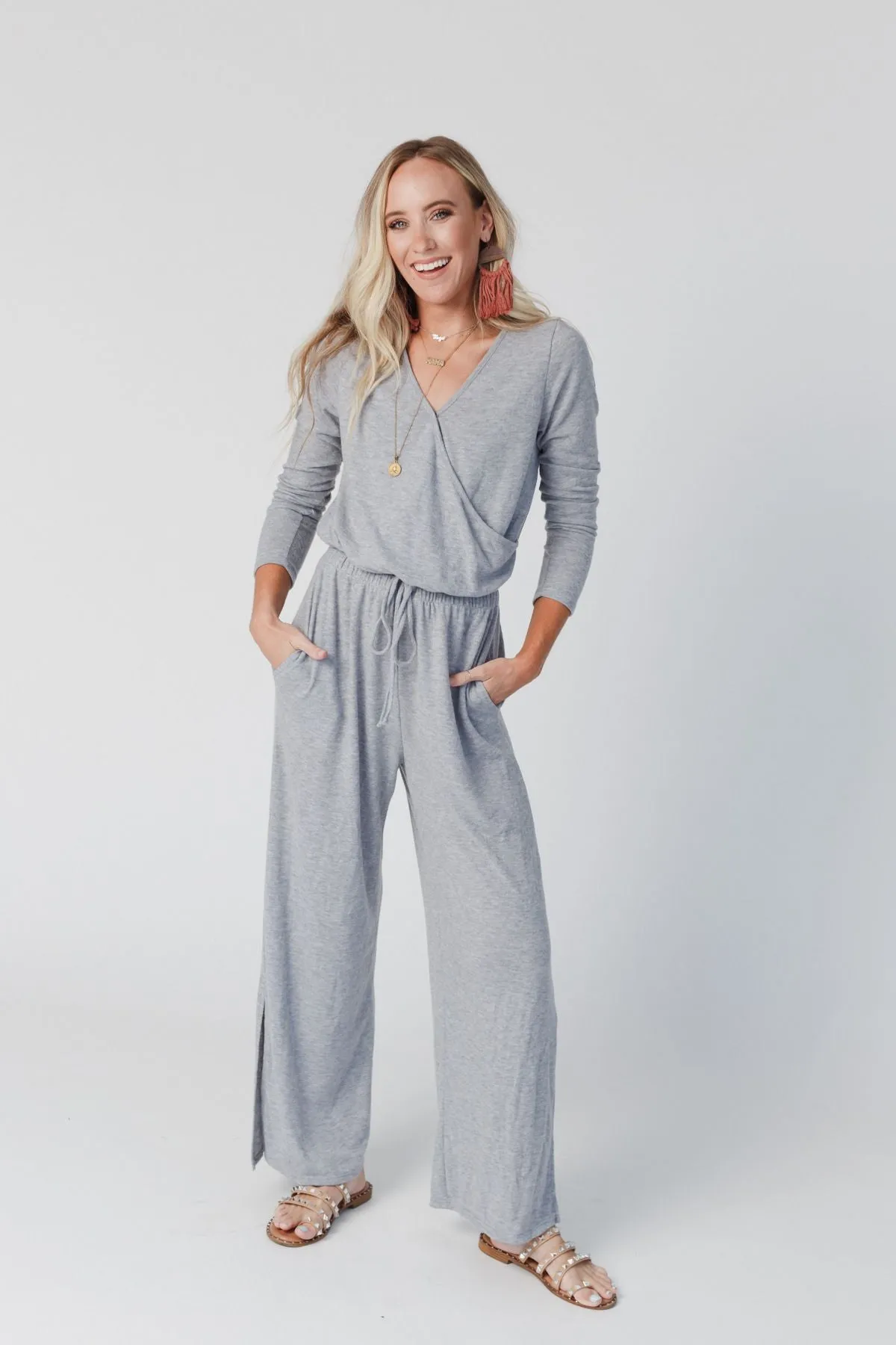 As It Was Cross Front Jumpsuit - Heather Gray