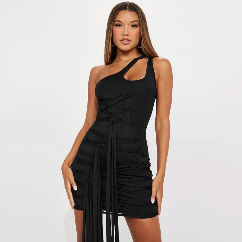 Bandage Ribbon Hollow Out Solid Mini Dress