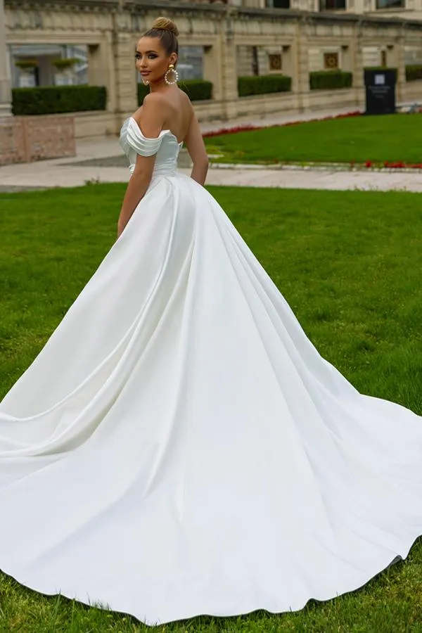 Biztunnel Fabulous Long Mermaid One Shoulder Chapel Train Satin Wedding Dress with Ruffles