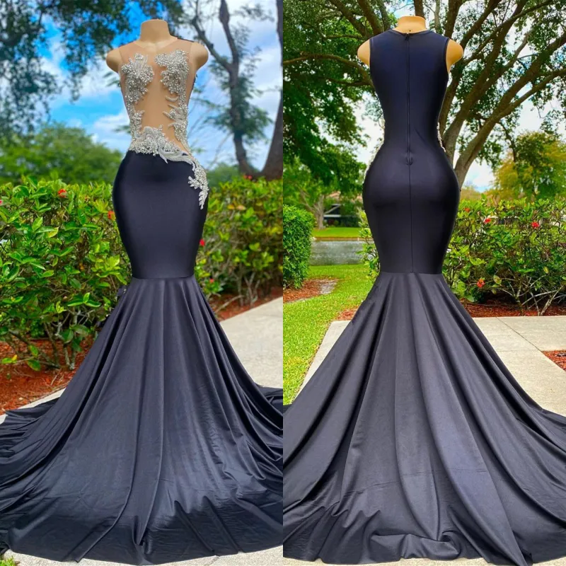 Black Long Sleeveless Strapless Satin Lace Appliques Mermaid Prom Dress