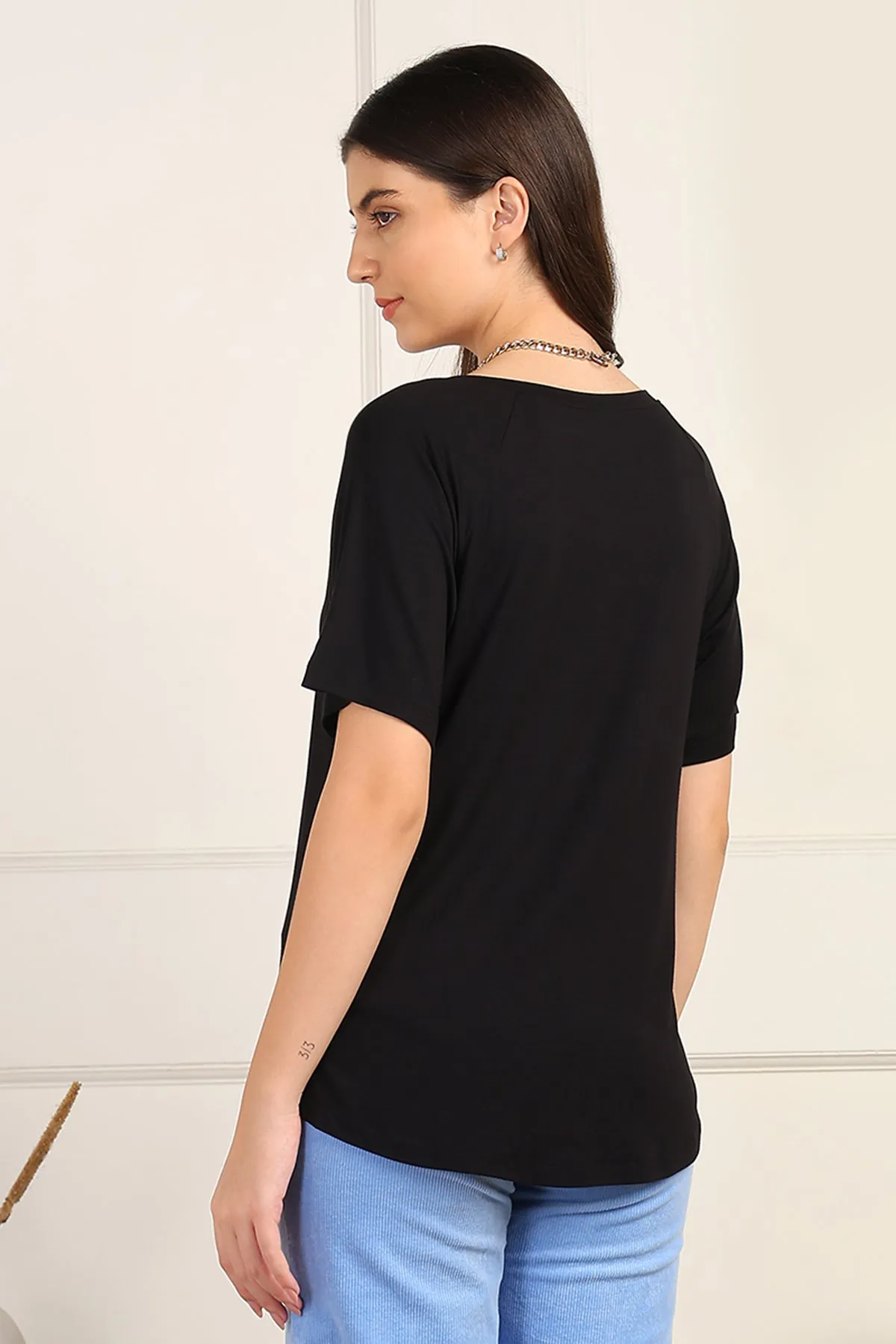 Black Solid Nursing Top with Side Zip Access