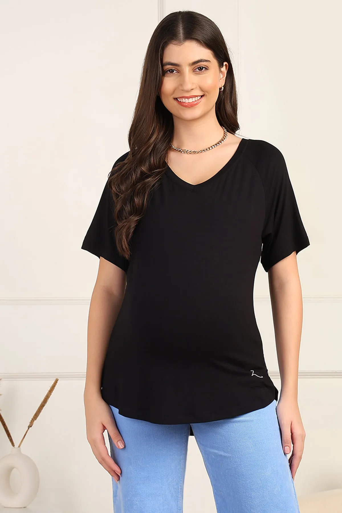 Black Solid Nursing Top with Side Zip Access