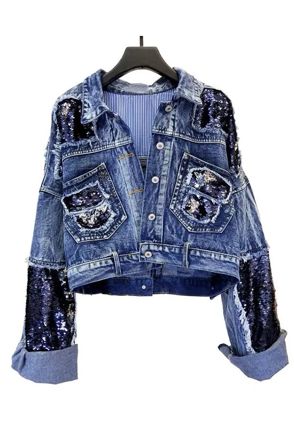 Blowing My Blinging Mind Sequin Denim Jacket