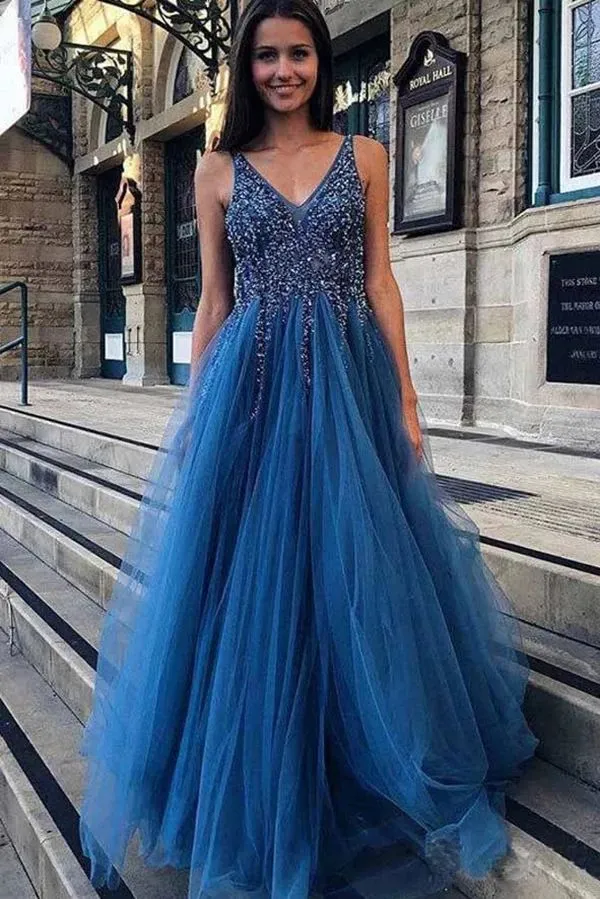 Blue Beaded V-Neck Backless A-Line Tulle Prom Dress, PD2306221