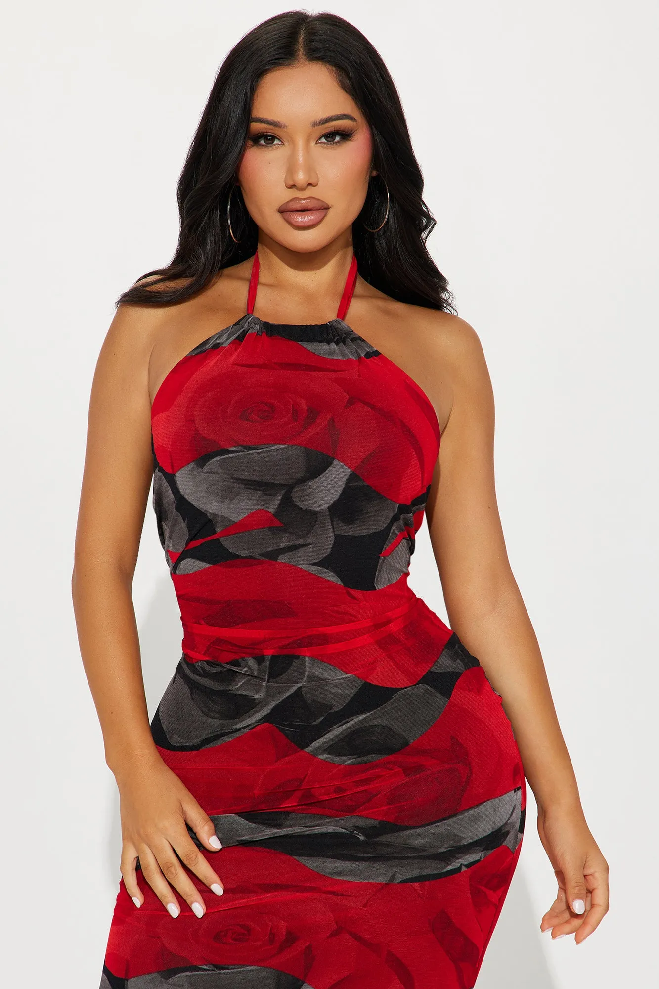 Burnin' Up Mesh Midi Dress - Red/combo